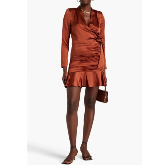 Veronica Beard 'Agatha' Ruched Stretch-Silk Satin Mini-Dress, Cognac - Picture 1 of 3